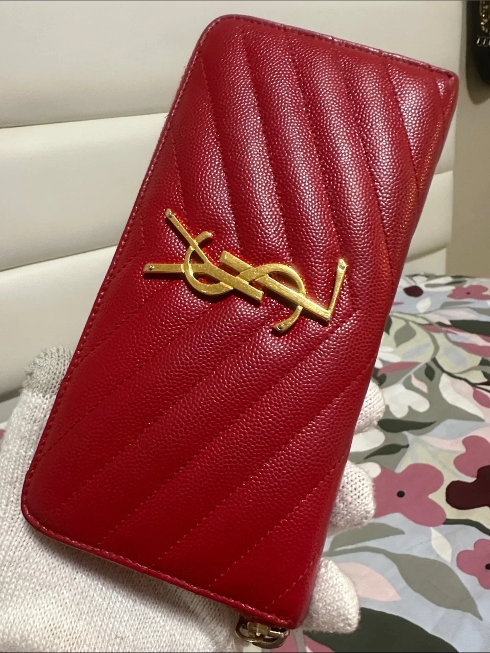 Yves Saint Laurent Red Quilted Zip-Around Wallet with Gold YSL Emblem